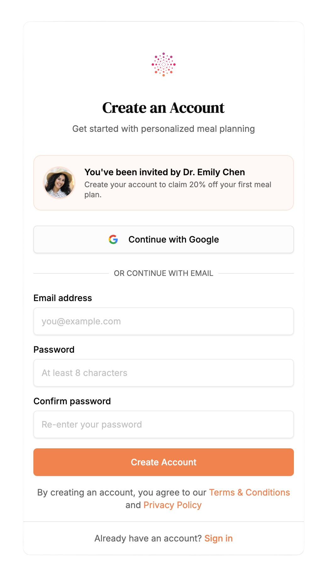 Framework Nutrition referral signup page showing a patient invited by their provider